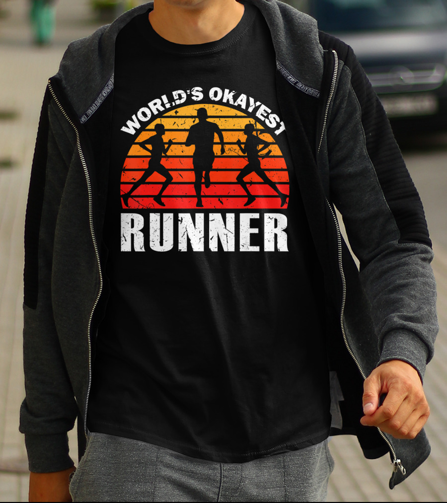 World's Okayest Runner Sunset Silhouette Sprinting Marathon T-Shirt