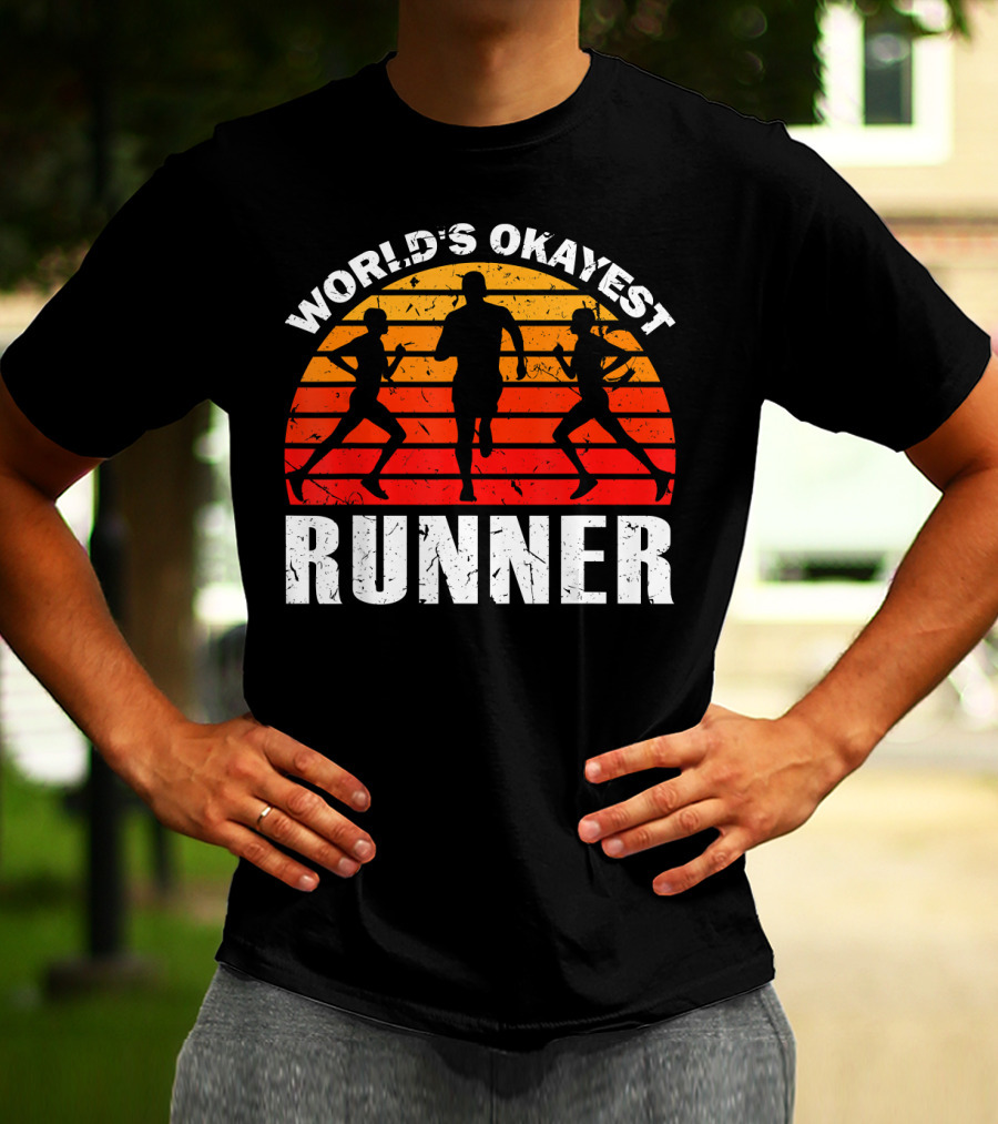 World's Okayest Runner Sunset Silhouette Sprinting Marathon T-Shirt