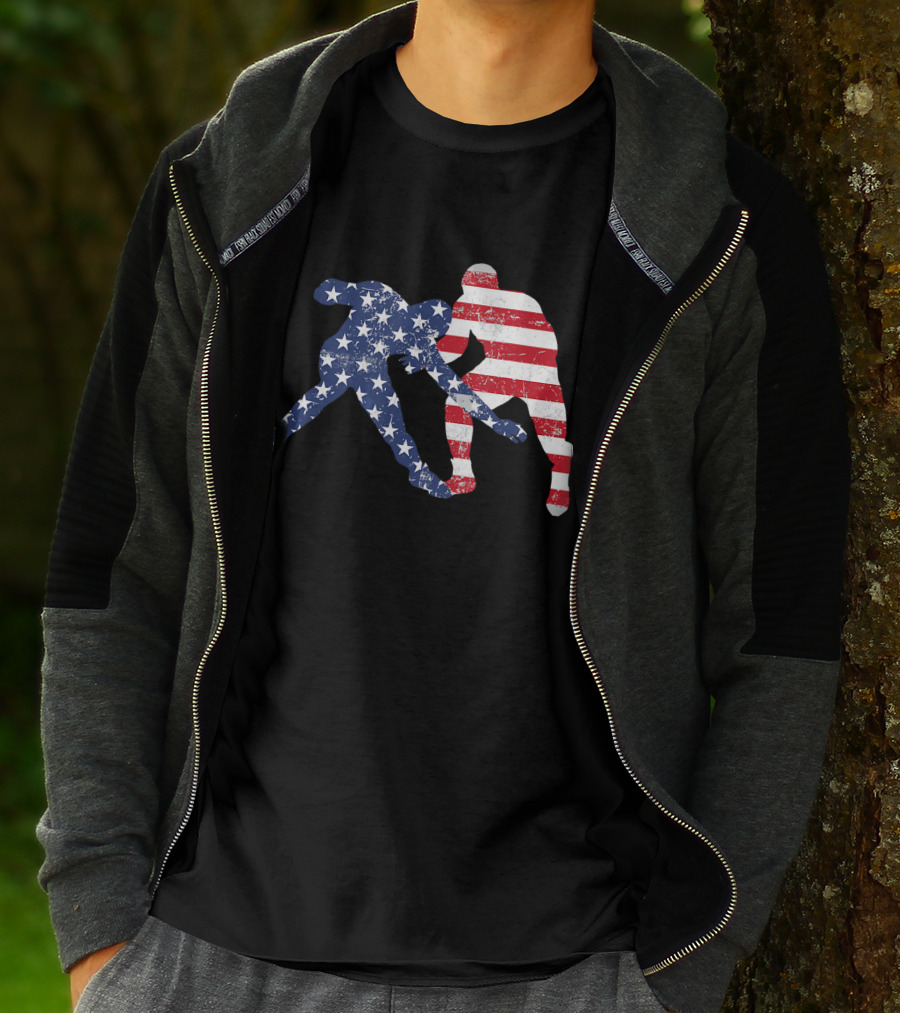 Wrestling Dual Silhouette With US Flag Stars And Stripes For Fourth Of July T-Shirt
