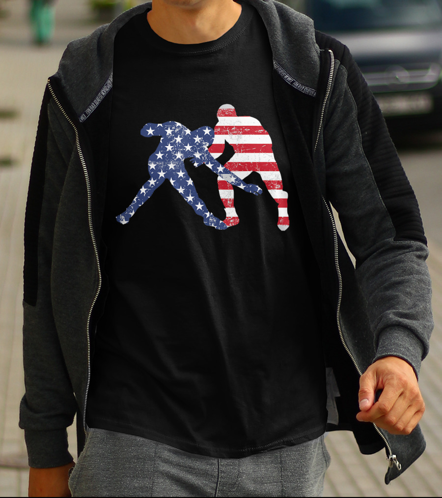 Wrestling Dual Silhouette With US Flag Stars And Stripes For Fourth Of July T-Shirt