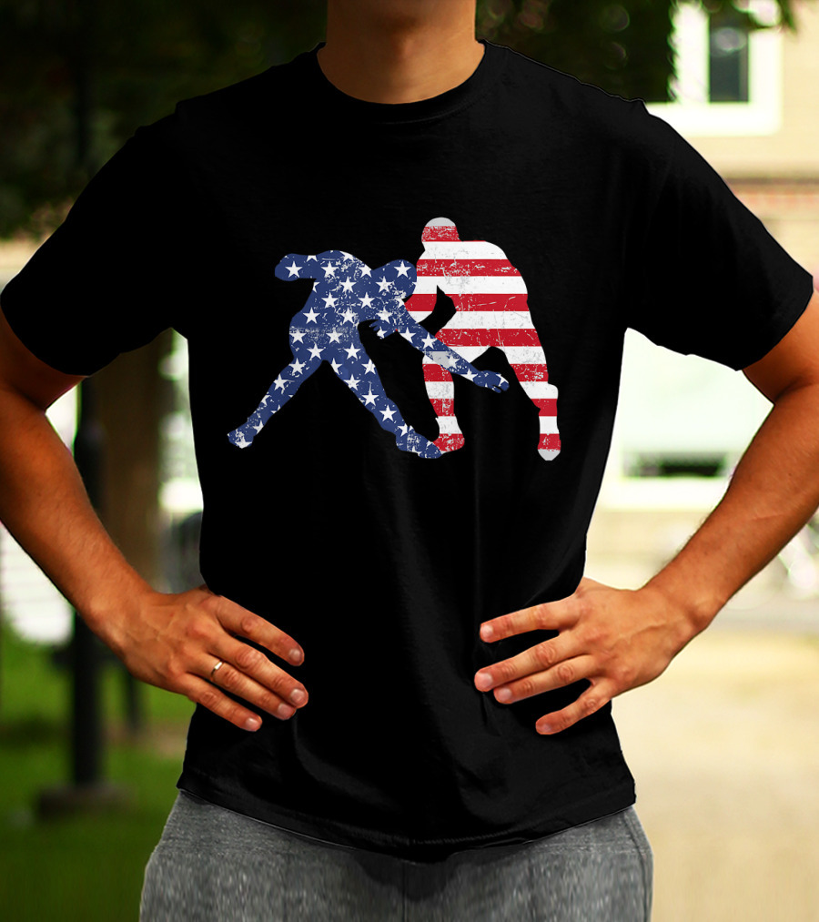 Wrestling Dual Silhouette With US Flag Stars And Stripes For Fourth Of July T-Shirt