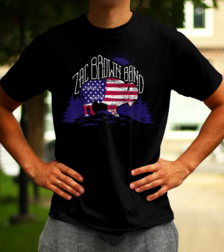 Zac Brown Band American Flag Buffalo With Night Sky And Forest T-Shirt