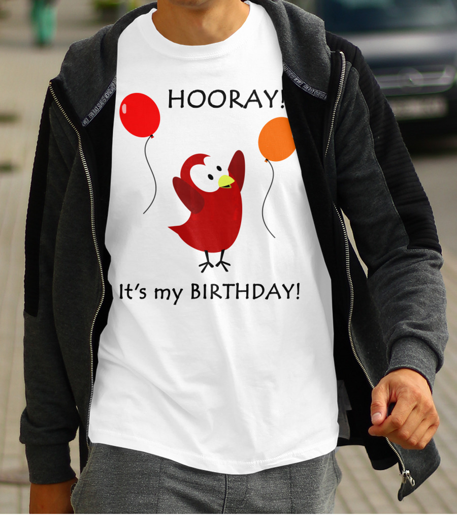 Hooray It's My Birthday Sammy Bird With Red And Orange Balloons T-Shirt