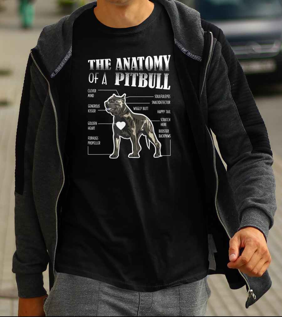 The Anatomy Of A Pitbull Clever Mind Soulful Eyes Generous Kisser Snack Detector Golden Heart Wiggly Butt Happy Tail Forhugs Propeller Scratch Here Booster Backpaws T-Shirt