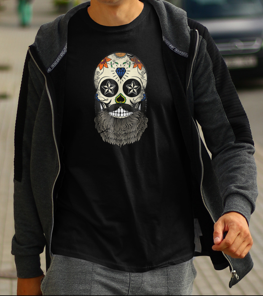 Sugar Skull Beard With Stars And Flowers T-Shirt
