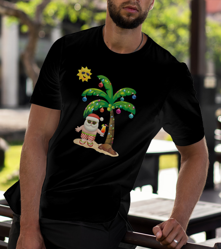 Summer Santa Claus Christmas Mele Tropical Palm Tree Festive Cocktail T-Shirt