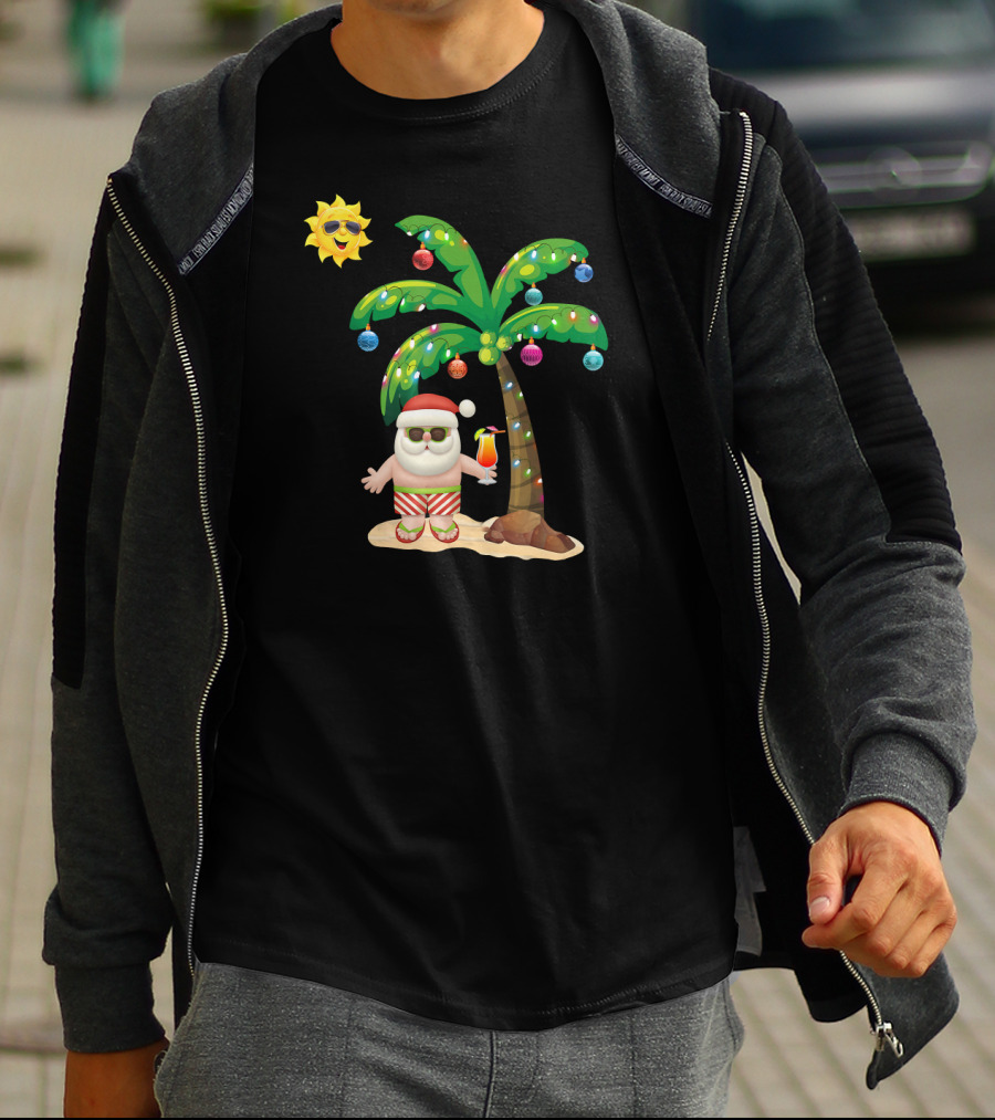 Summer Santa Claus Christmas Mele Tropical Palm Tree Festive Cocktail T-Shirt