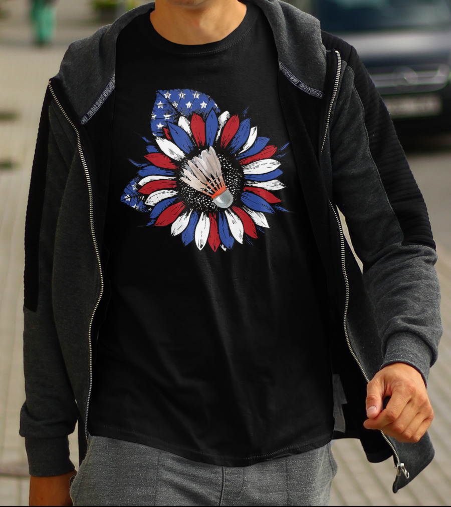 American Flag Sunflower With Badminton Birdie Center T-Shirt