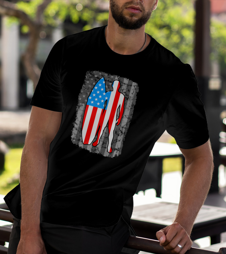 Vintage American Flag Surfing Silhouette United States T-Shirt
