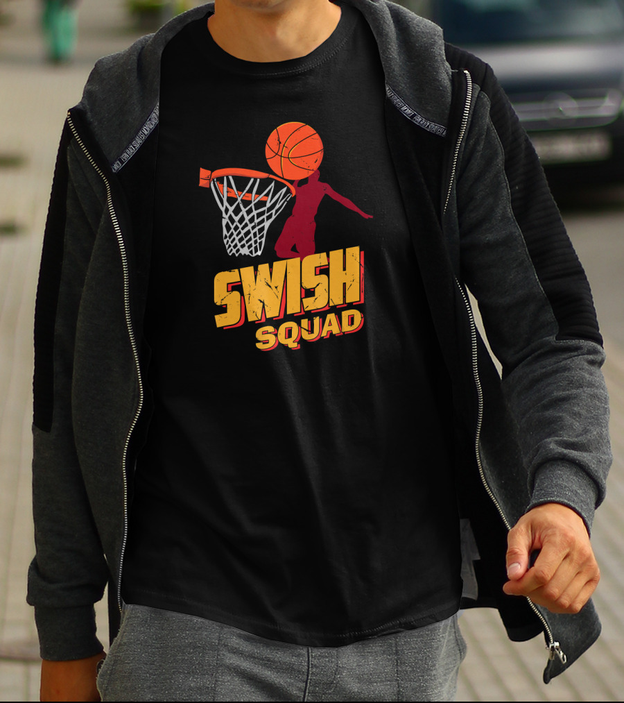 Swish Squad Basketball Player Dunking Basketball Through Hoop T-Shirt