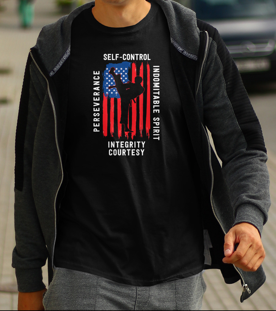 Taekwondo Five Tenets Perseverance Self-Control Indomitable Spirit Integrity Courtesy US Flag Martial Arts T-Shirt