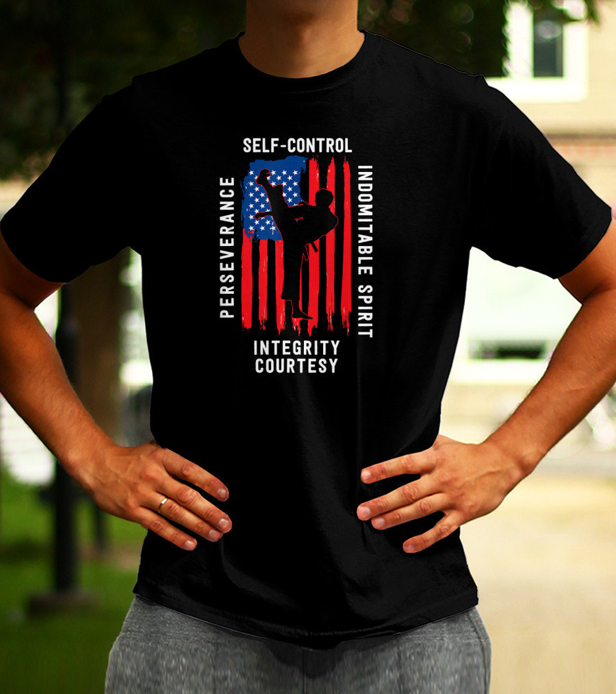 Taekwondo Five Tenets Perseverance Self-Control Indomitable Spirit Integrity Courtesy US Flag Martial Arts T-Shirt