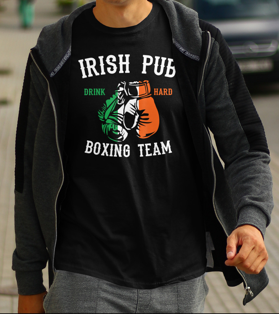 Irish Pub Boxing Team Drink Hard Irish Flag Gloves T-Shirt