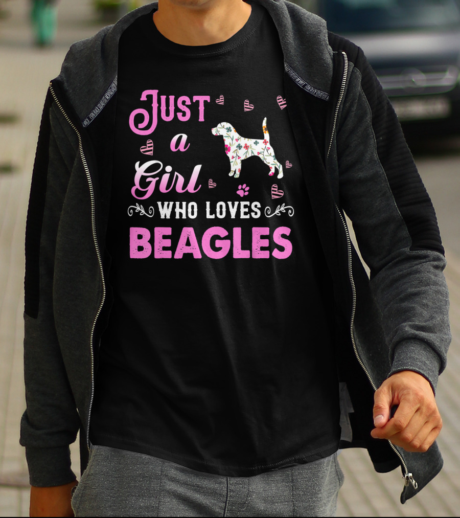 Just A Girl Who Loves Beagles With Floral Dog And Pink Hearts T-Shirt