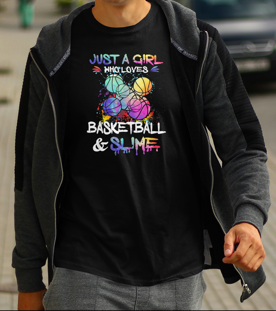 Just A Girl Who Loves Basketball And Slime Colorful Paint Splatter Basketballs T-Shirt