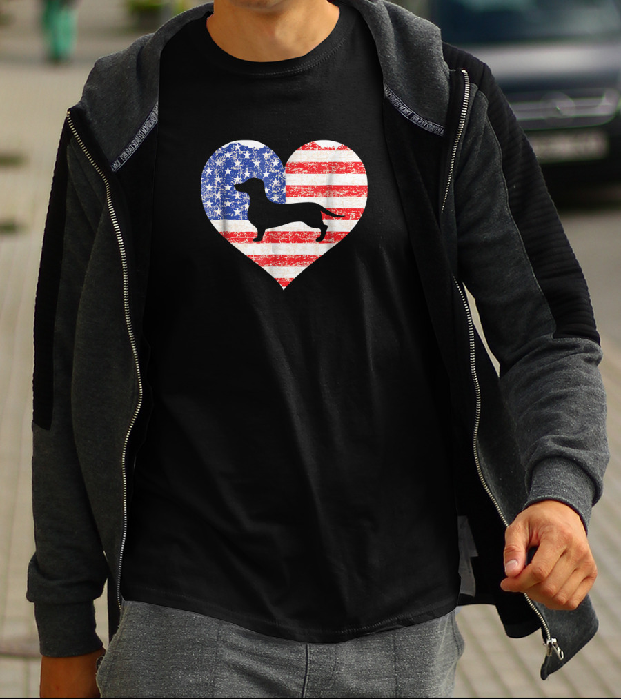 American Flag Heart With Dachshund Silhouette US Love T-Shirt