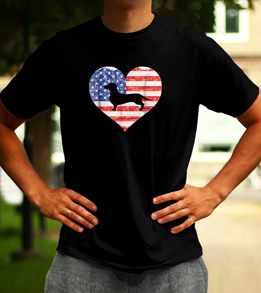 American Flag Heart With Dachshund Silhouette US Love T-Shirt