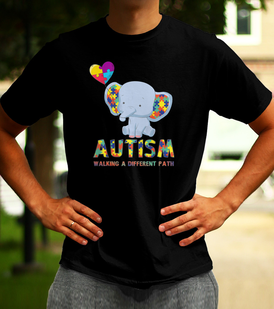 Autism Puzzle Piece Elephant Walking A Different Path T-Shirt
