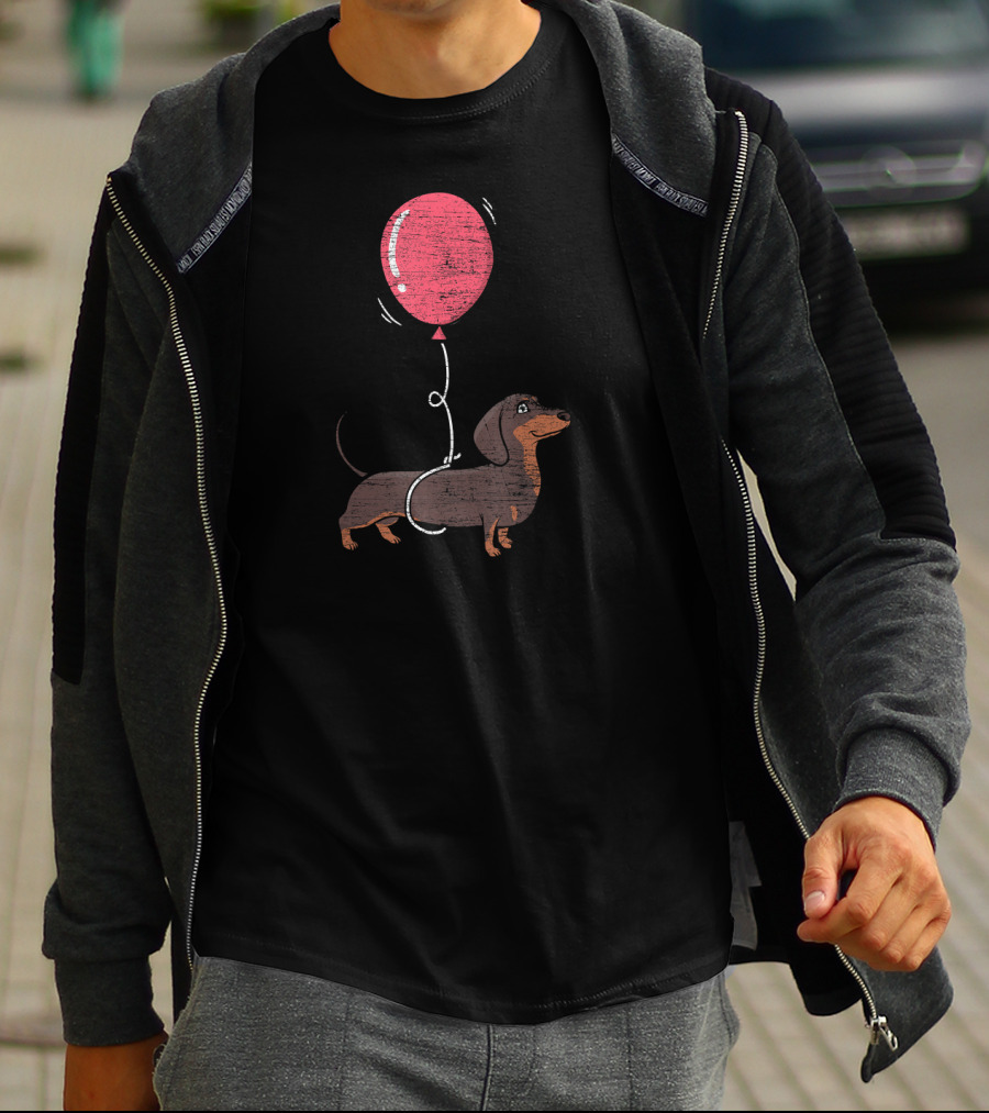 Balloon Dachshund Sketch With Red Balloon And Brown Dog Balloon Dachshund T-Shirt