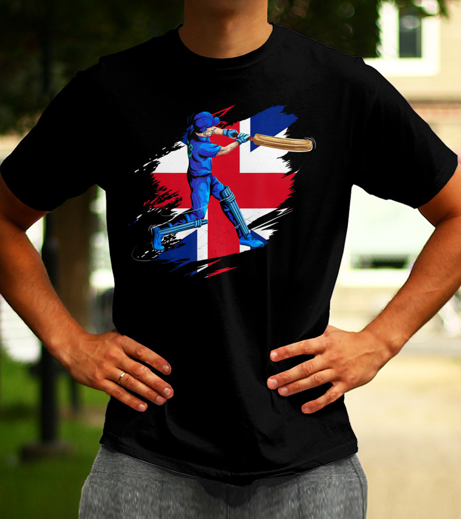 England Cricket Team English Cricket Batter Union Jack Background T-Shirt