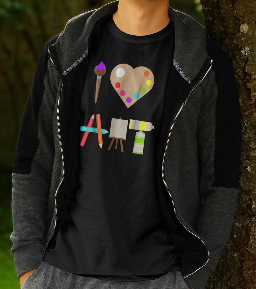I Love Art Fun Colorful Future Artist Heart Palette Paintbrush Pencils Easel Tube T-Shirt