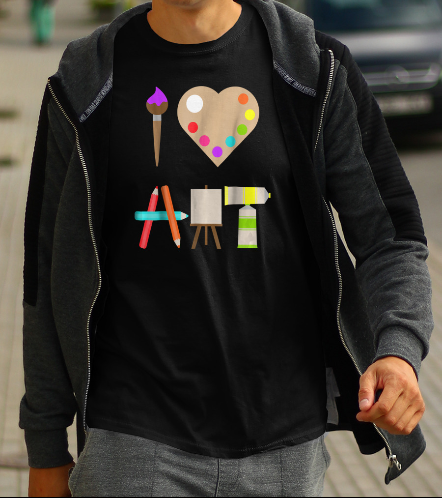 I Love Art Fun Colorful Future Artist Heart Palette Paintbrush Pencils Easel Tube T-Shirt