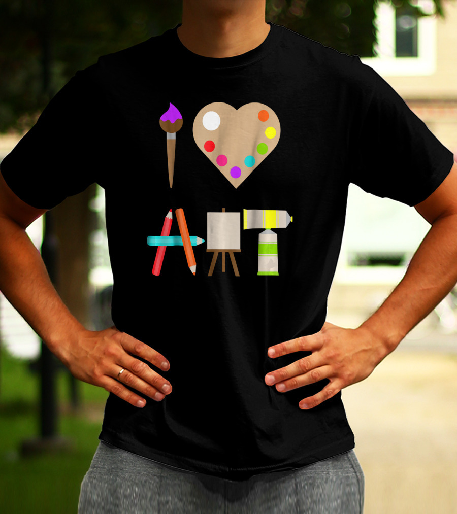 I Love Art Fun Colorful Future Artist Heart Palette Paintbrush Pencils Easel Tube T-Shirt