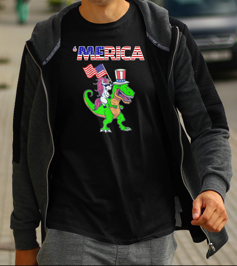 'Merica Dinosaur Unicorn Flags Top Hat T-Shirt