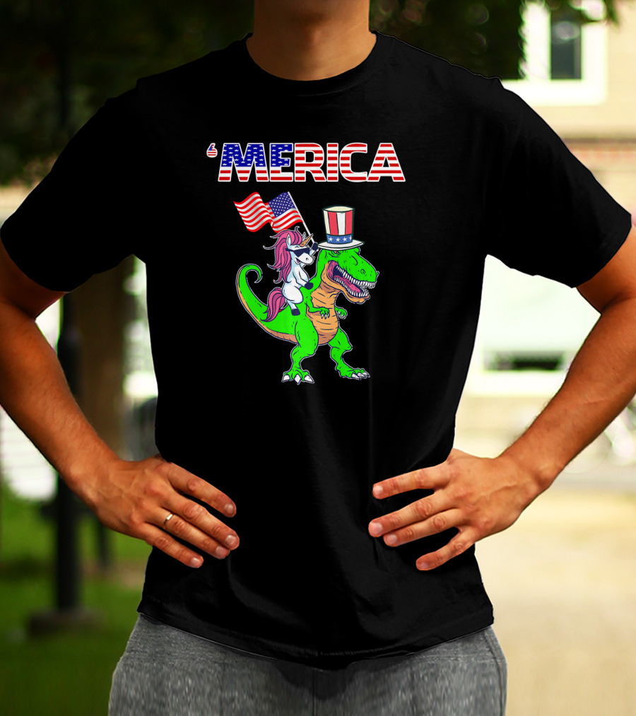 'Merica Dinosaur Unicorn Flags Top Hat T-Shirt