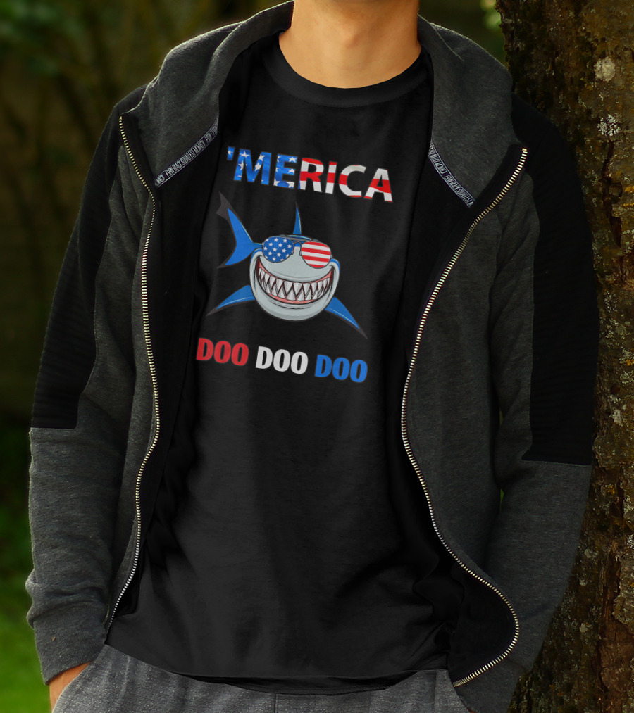 'Merica Shark Doo Doo Doo Patriotic Sunglasses USA Flag T-Shirt