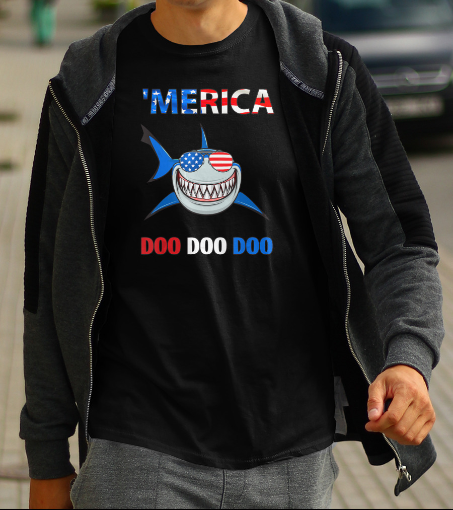 'Merica Shark Doo Doo Doo Patriotic Sunglasses USA Flag T-Shirt