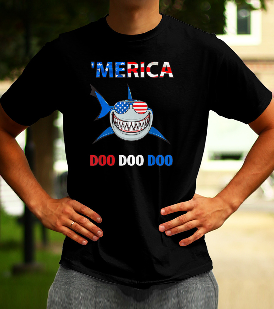 'Merica Shark Doo Doo Doo Patriotic Sunglasses USA Flag T-Shirt