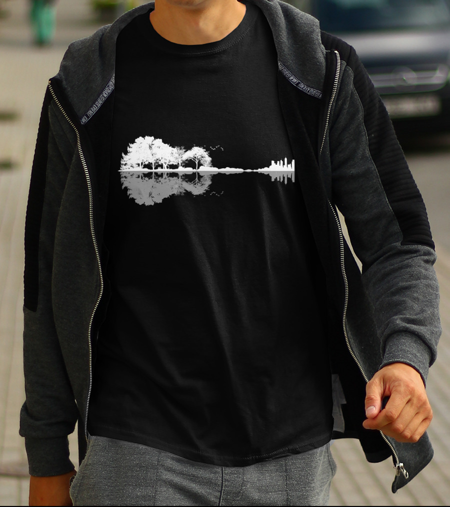 Acoustic Guitar Nature Forest Tree Reflection And Skyline T-Shirt