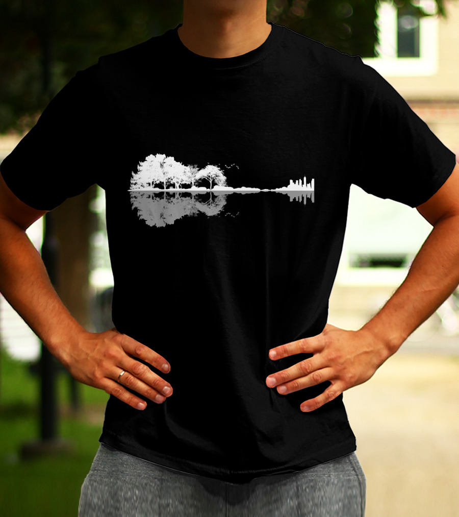 Acoustic Guitar Nature Forest Tree Reflection And Skyline T-Shirt