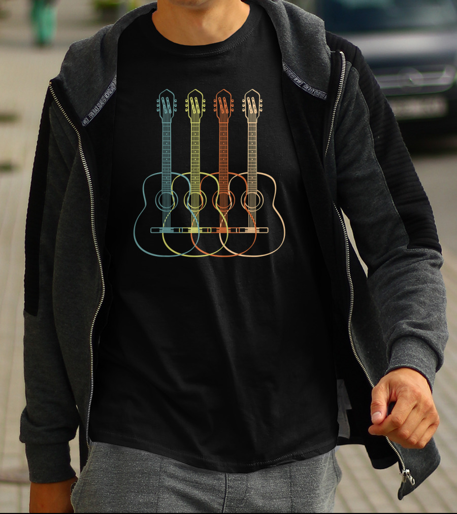 Acoustic Guitar Neon Line Art Quartet T-Shirt