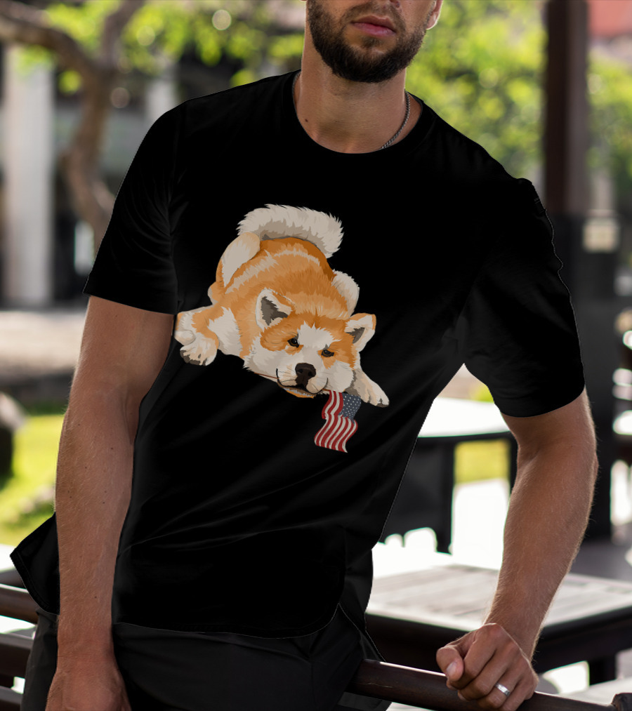 Akita Dog Lover With American Flag Motif T-Shirt