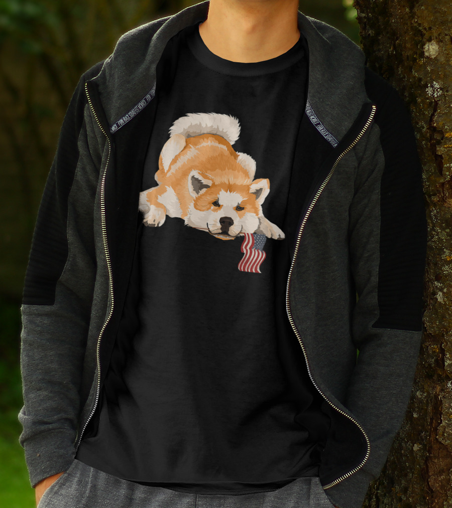 Akita Dog Lover With American Flag Motif T-Shirt