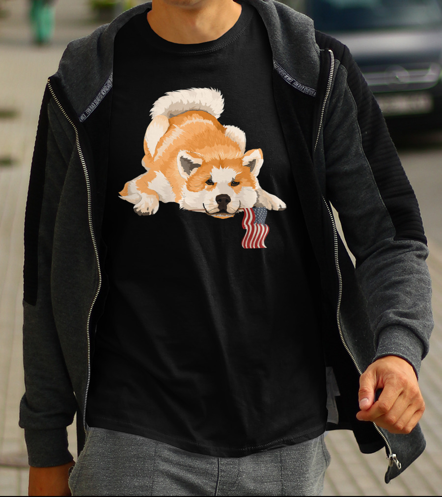 Akita Dog Lover With American Flag Motif T-Shirt