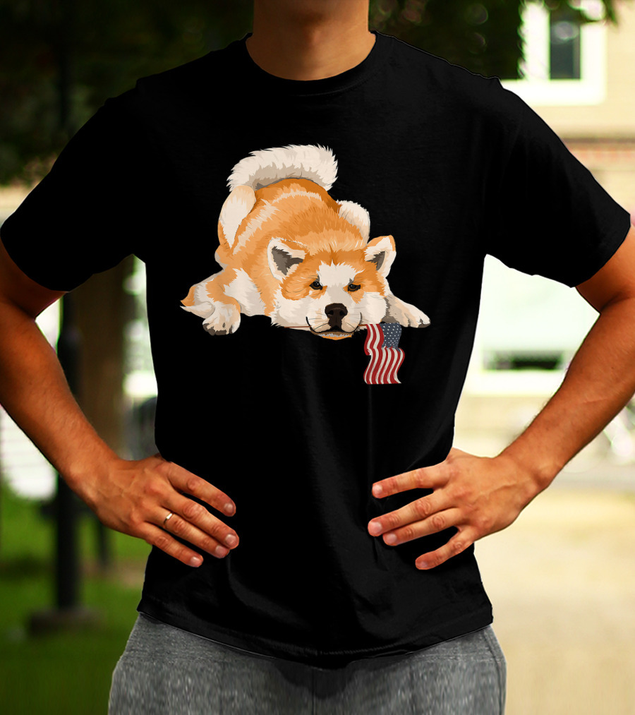 Akita Dog Lover With American Flag Motif T-Shirt