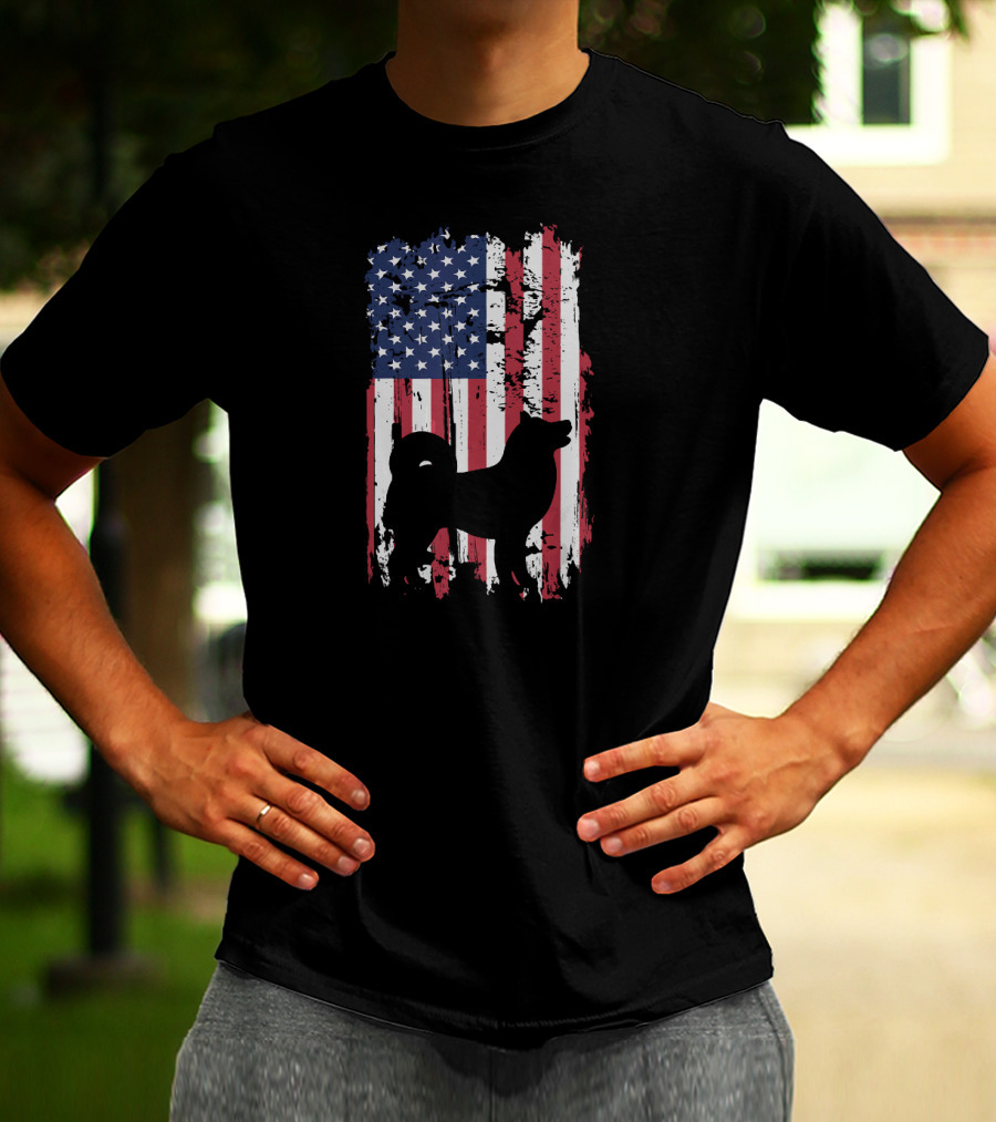 Akita Inu Silhouette Over Grunge American Flag T-Shirt