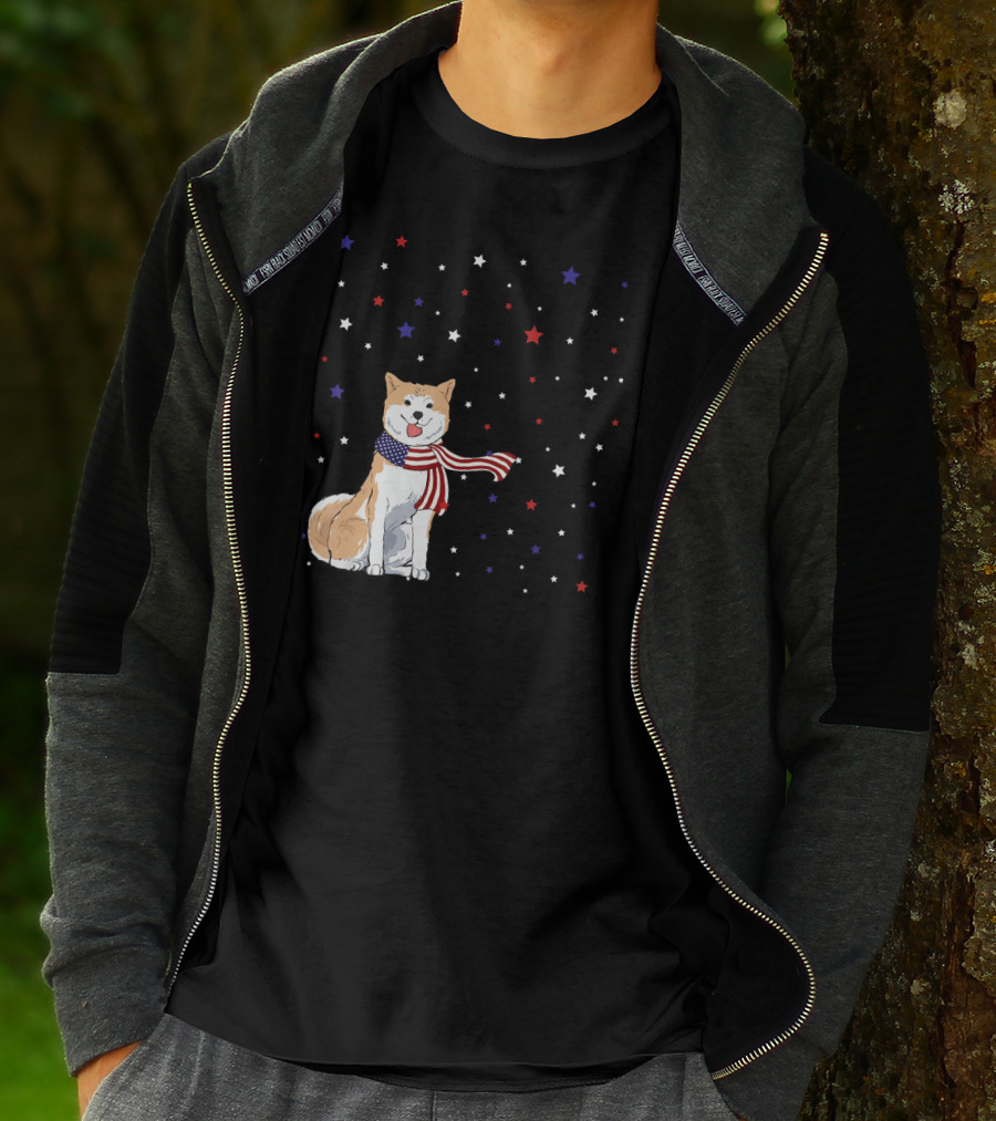 Akita Inu Patriotic American Flag Scarf Stars T-Shirt