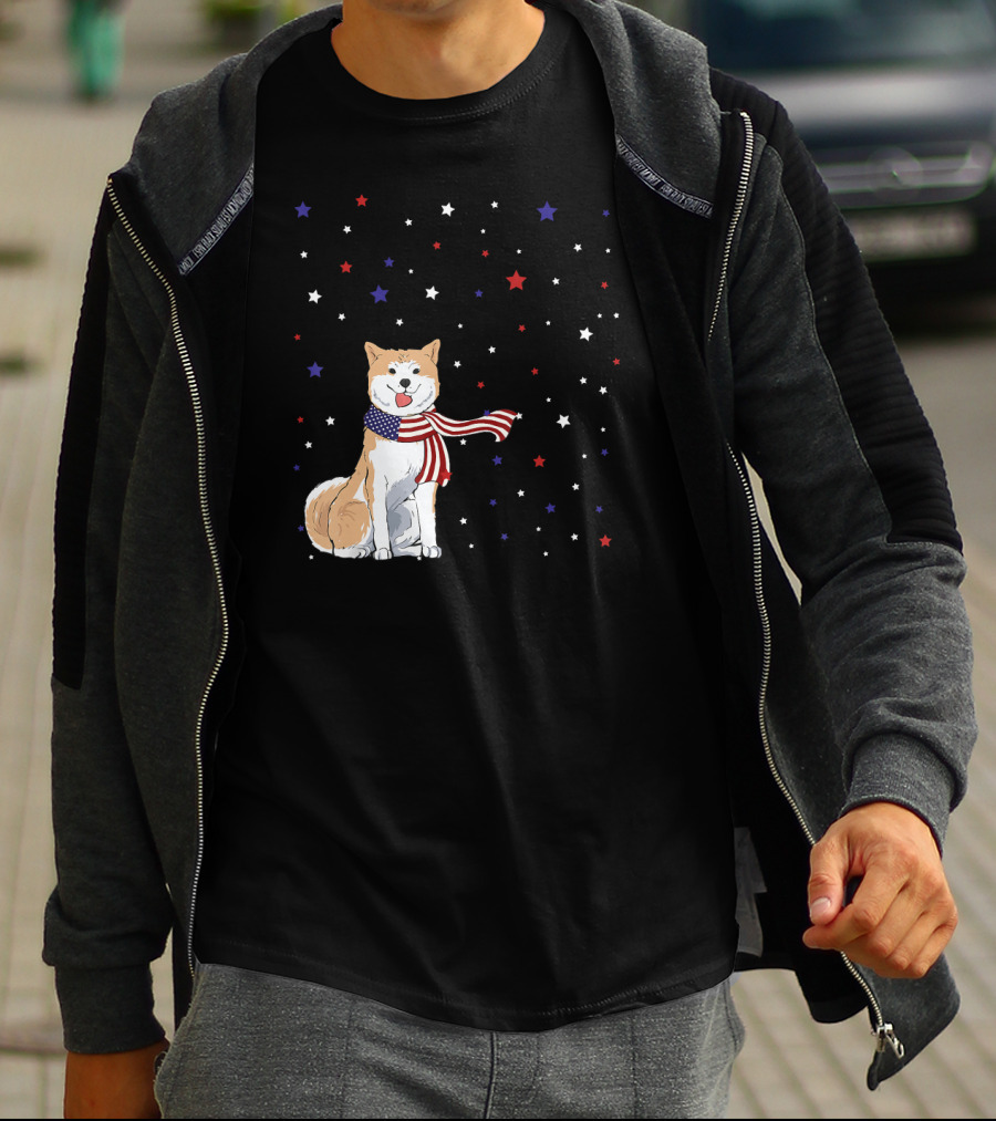 Akita Inu Patriotic American Flag Scarf Stars T-Shirt