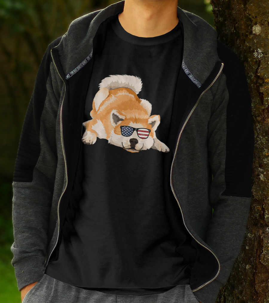 Akita Inu Wearing American Flag Sunglasses Playful Pose T-Shirt