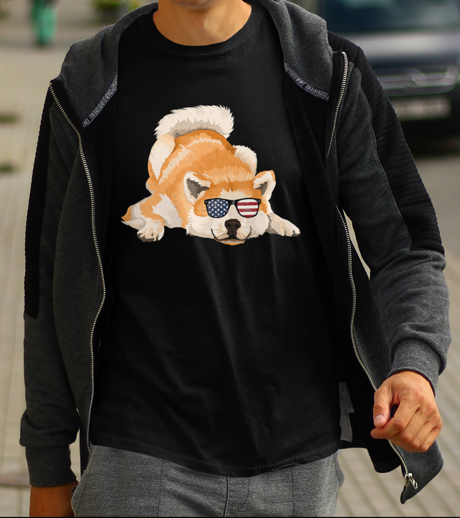Akita Inu Wearing American Flag Sunglasses Playful Pose T-Shirt