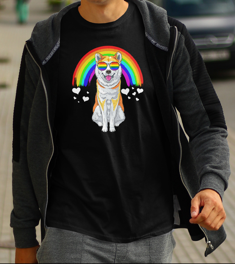 Akita Inu Rainbow Pride Sunglasses Hearts T-Shirt