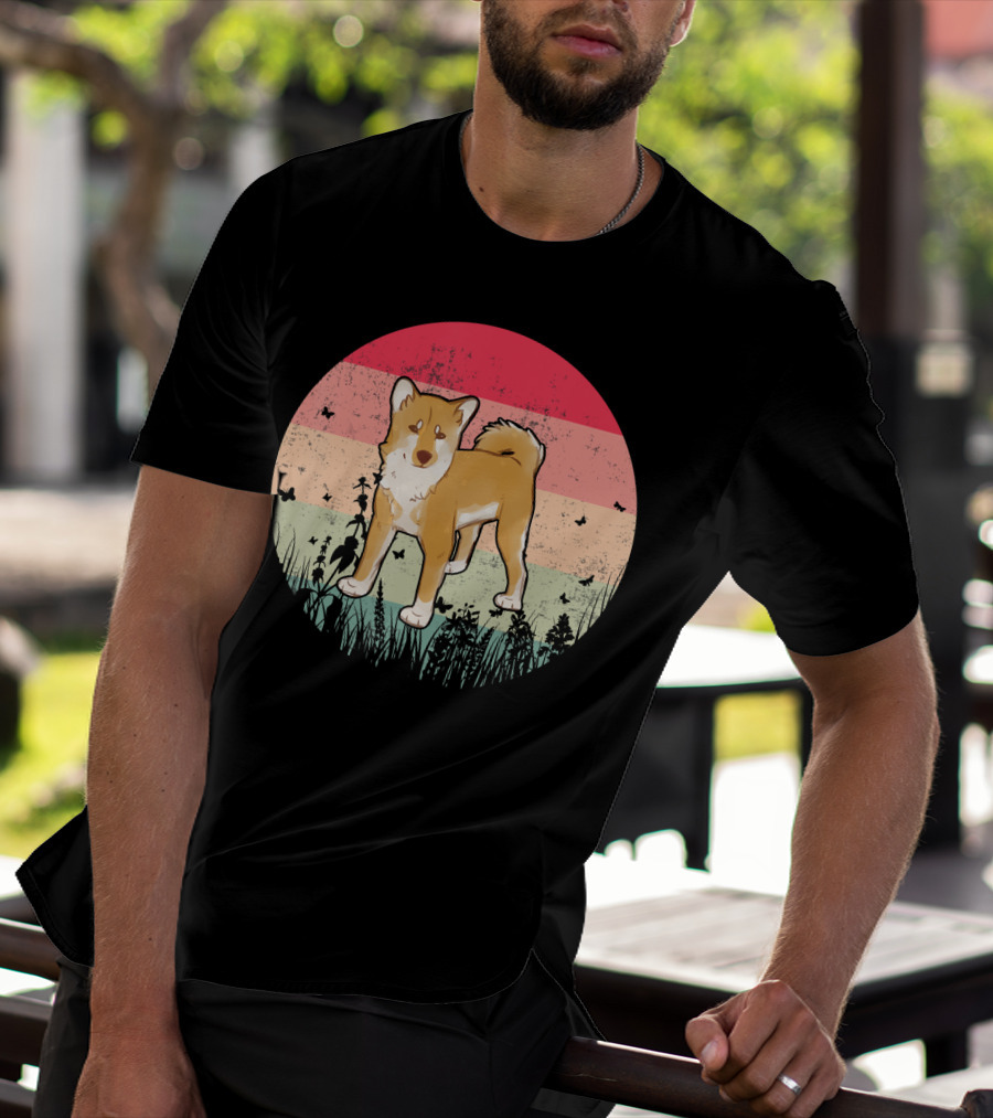 Akita Inu Vintage Retro Akit Circle Silhouette With Stripes And Butterflies T-Shirt
