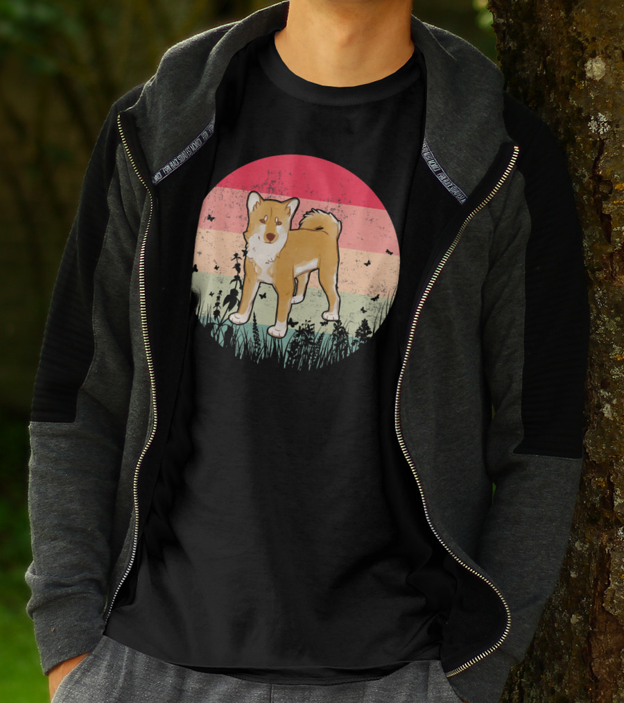 Akita Inu Vintage Retro Akit Circle Silhouette With Stripes And Butterflies T-Shirt