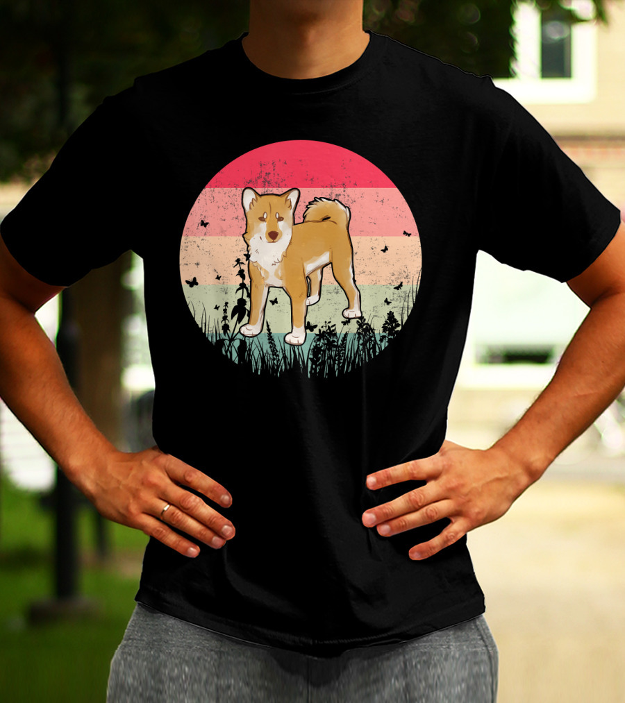 Akita Inu Vintage Retro Akit Circle Silhouette With Stripes And Butterflies T-Shirt