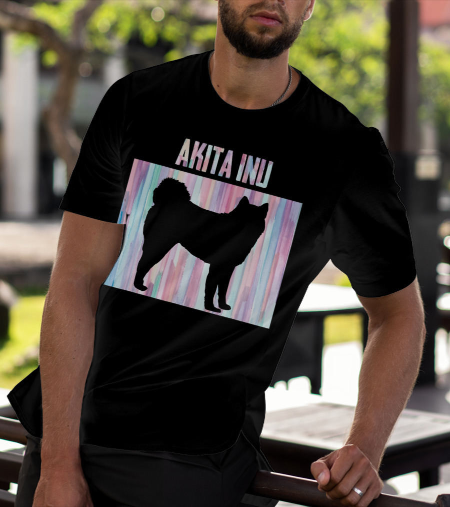 AKITA INU Silhouette On Pastel Watercolor Stripes T-Shirt