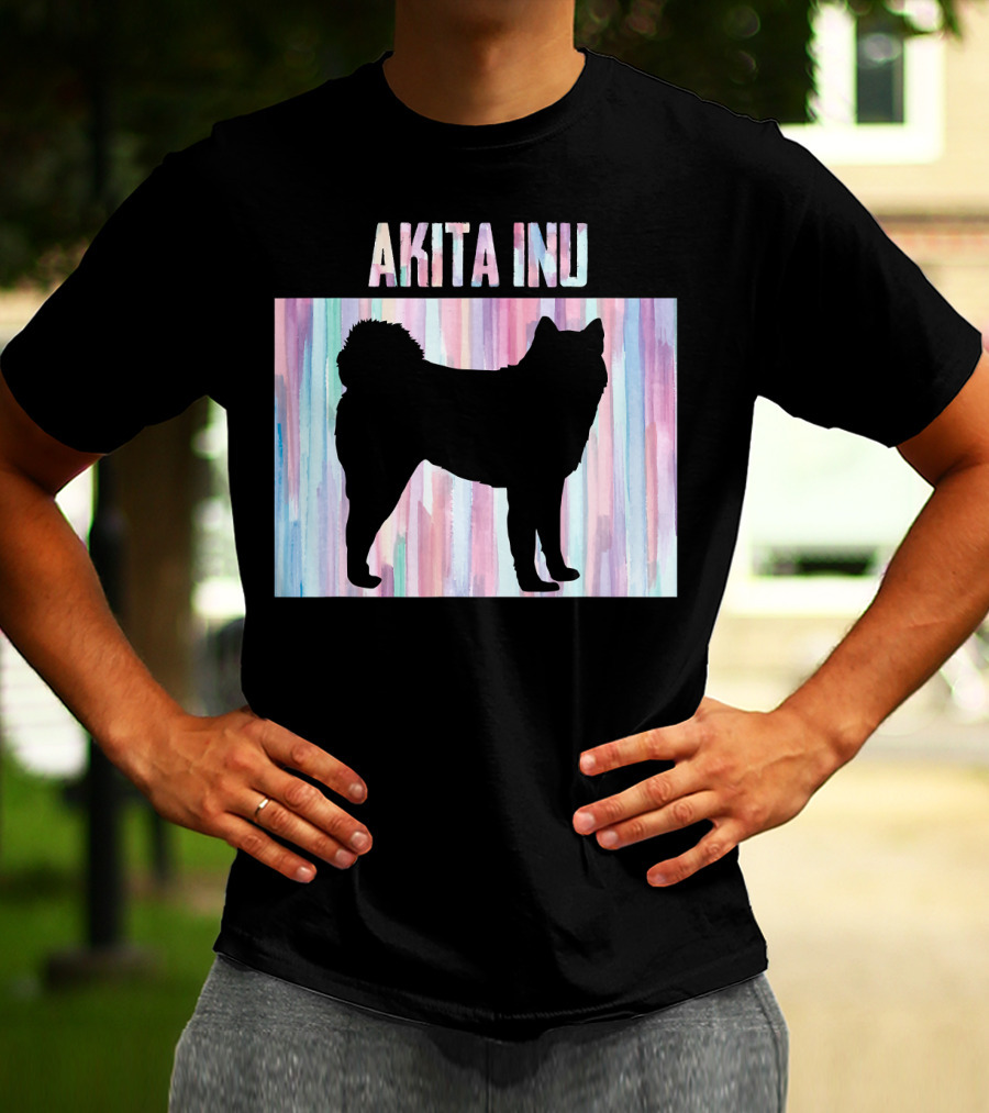 AKITA INU Silhouette On Pastel Watercolor Stripes T-Shirt